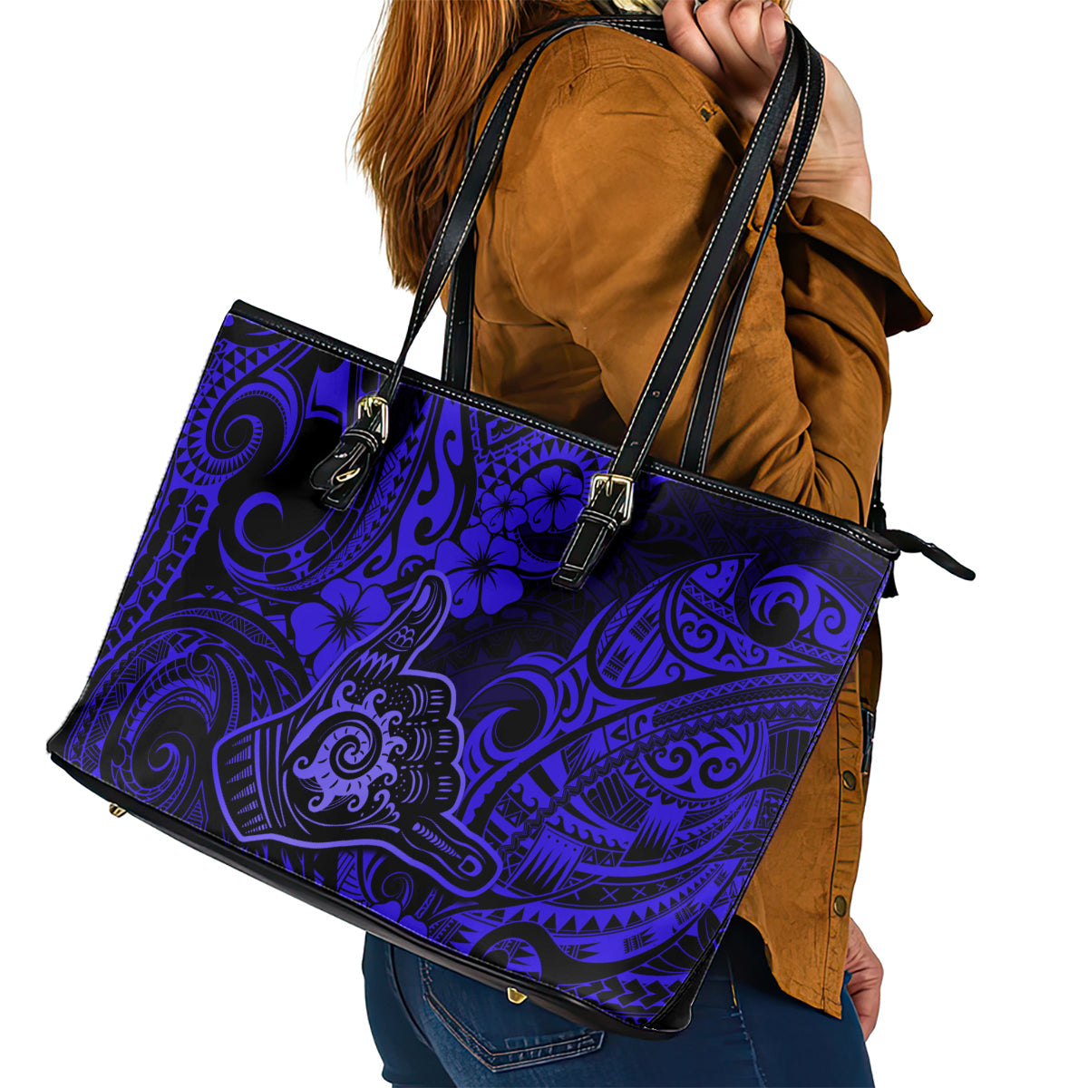 Hawaii Shaka Sign Leather Tote Bag With Polynesian Hibiscus Navy Blue Unique LT01