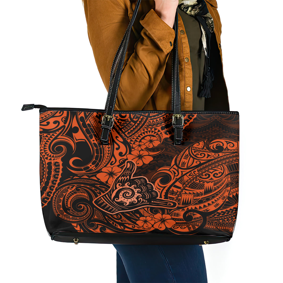 Hawaii Shaka Sign Leather Tote Bag With Polynesian Hibiscus Orange Unique LT01