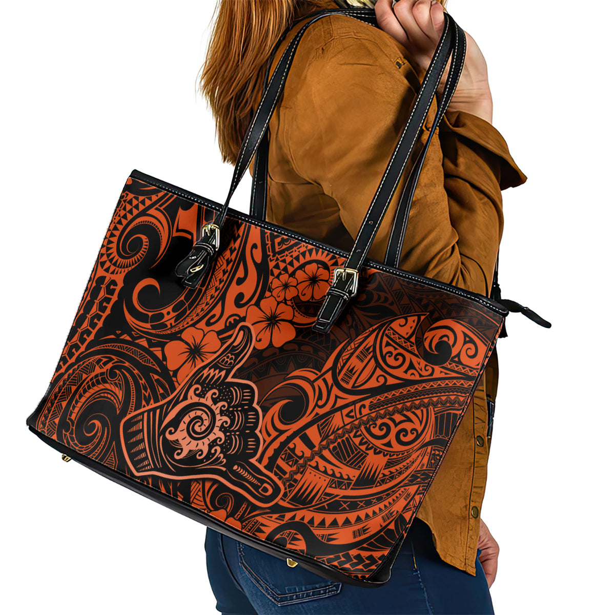 Hawaii Shaka Sign Leather Tote Bag With Polynesian Hibiscus Orange Unique LT01
