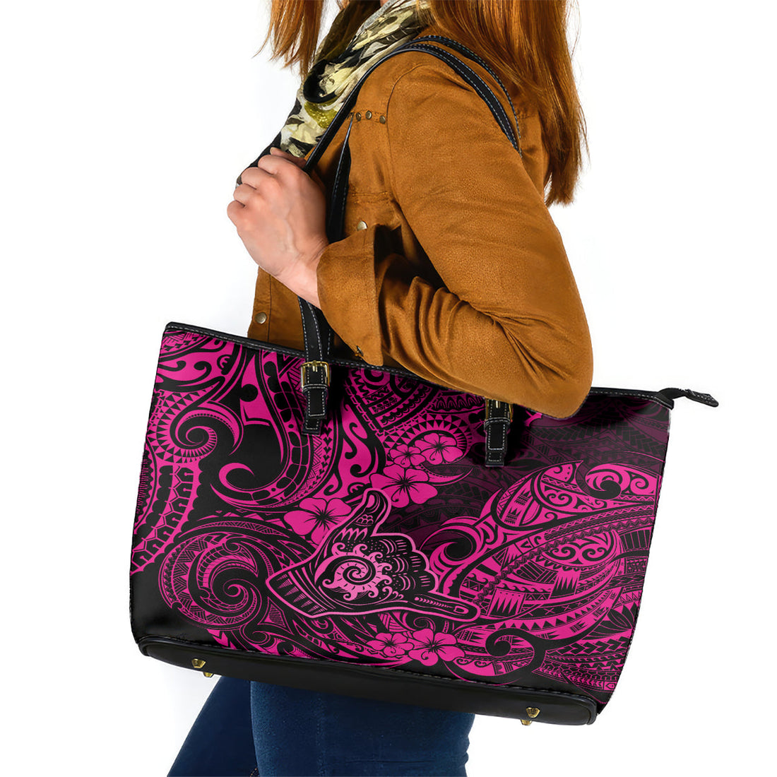 Hawaii Shaka Sign Leather Tote Bag With Polynesian Hibiscus Pink Unique LT01