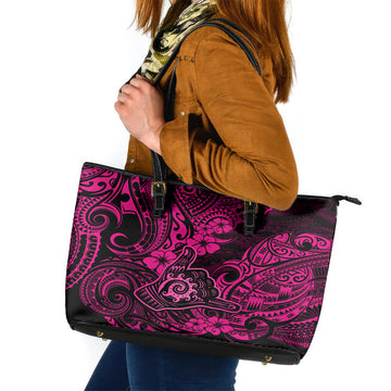 Hawaii Shaka Sign Leather Tote Bag With Polynesian Hibiscus Pink Unique LT01