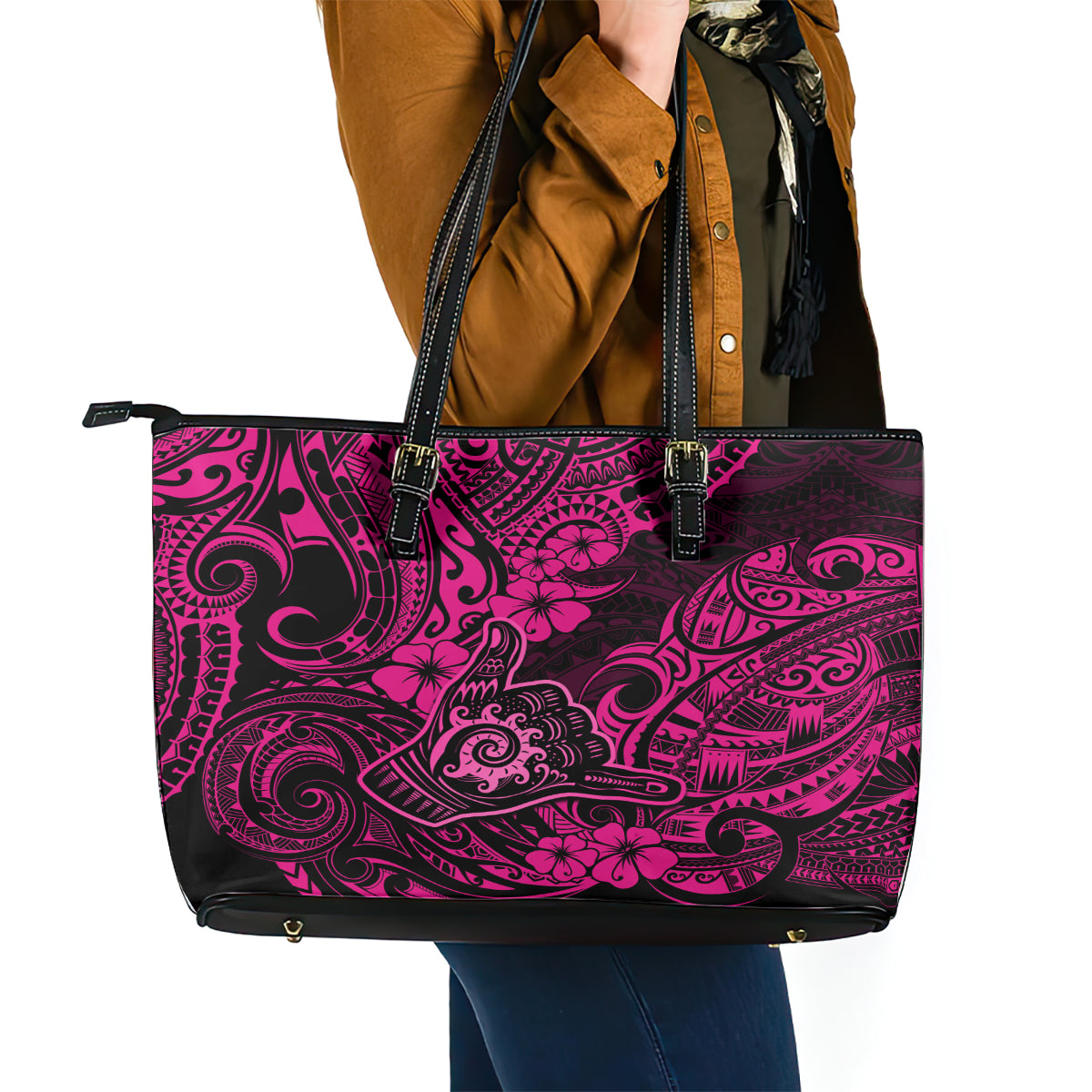 Hawaii Shaka Sign Leather Tote Bag With Polynesian Hibiscus Pink Unique LT01