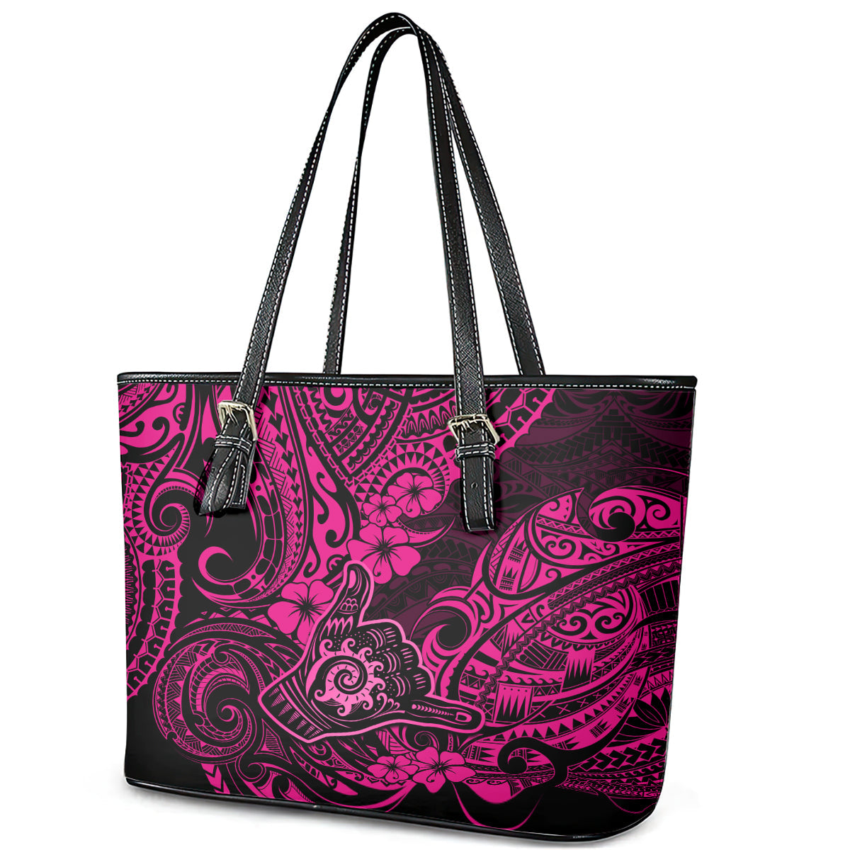 Hawaii Shaka Sign Leather Tote Bag With Polynesian Hibiscus Pink Unique LT01