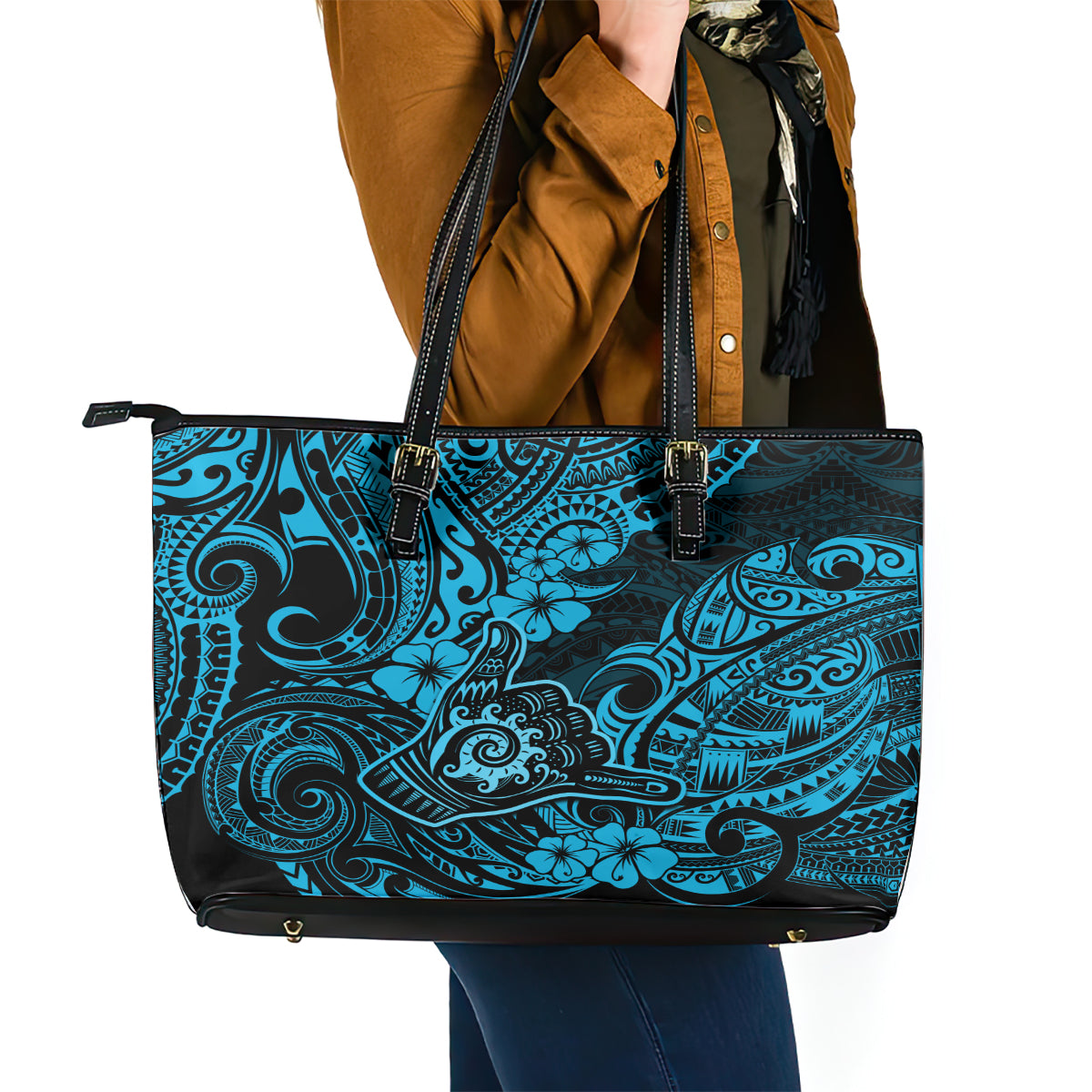 Hawaii Shaka Sign Leather Tote Bag Polynesian Pattern Sky Blue Version LT01
