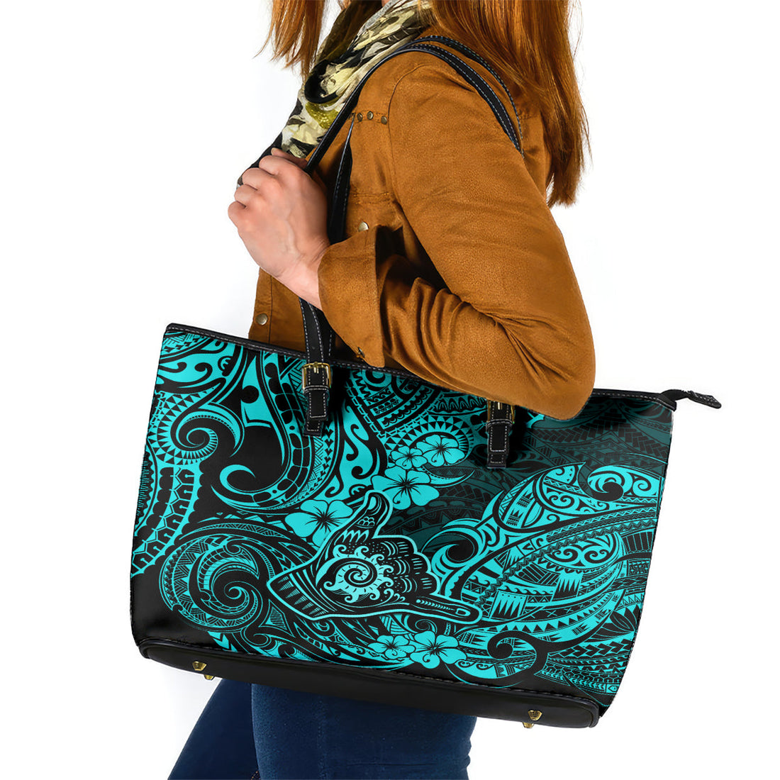 Hawaii Shaka Sign Leather Tote Bag Polynesian Pattern Turquoise Version LT01