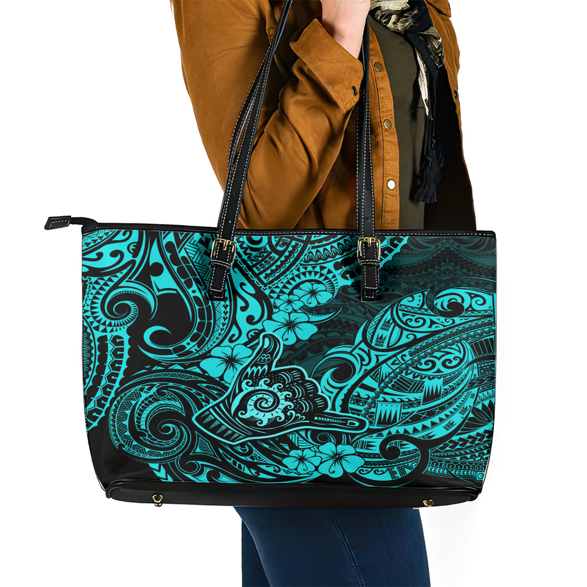 Hawaii Shaka Sign Leather Tote Bag Polynesian Pattern Turquoise Version LT01