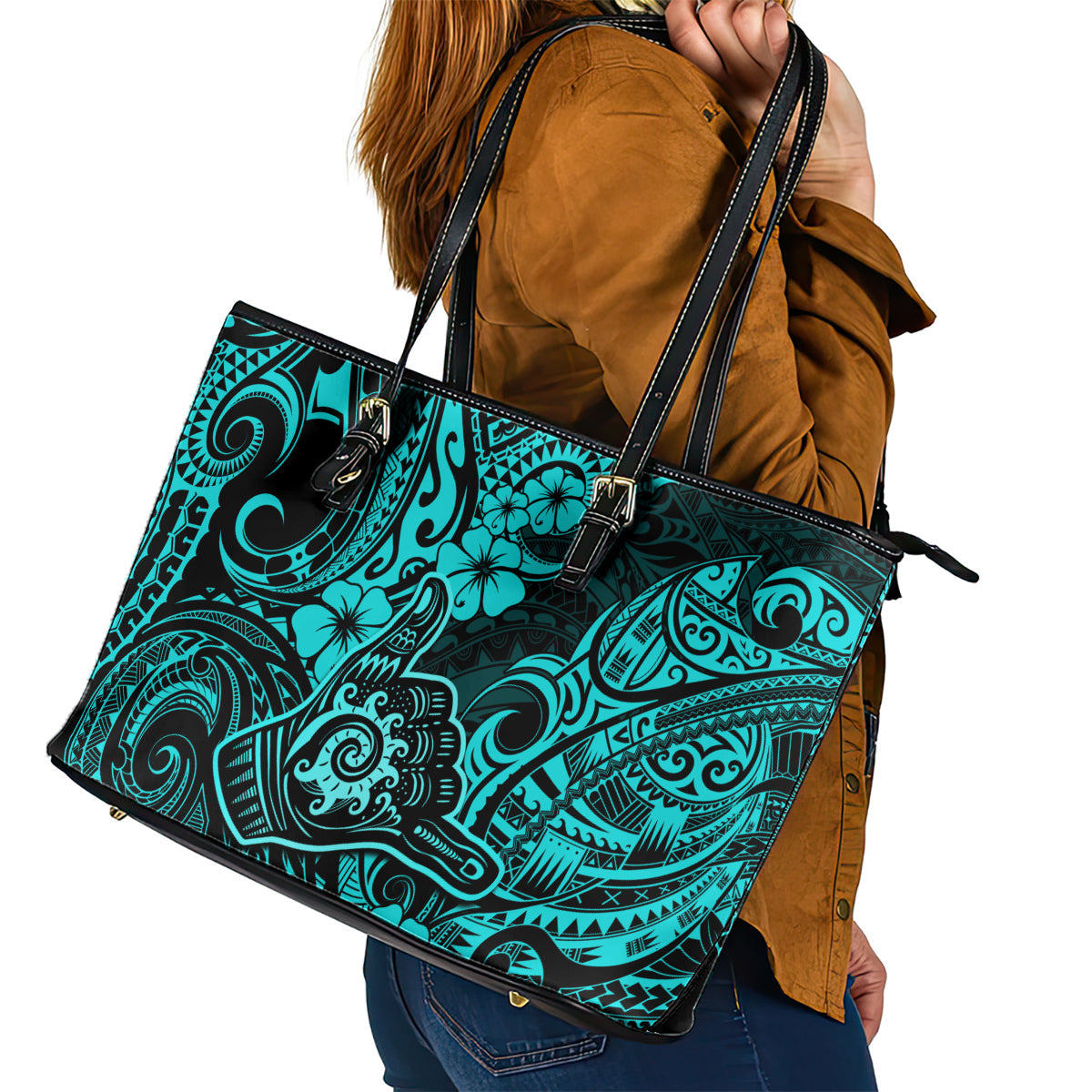 Hawaii Shaka Sign Leather Tote Bag Polynesian Pattern Turquoise Version LT01