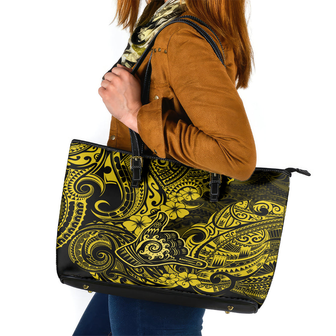 Hawaii Shaka Sign Leather Tote Bag Polynesian Pattern Yellow Version LT01