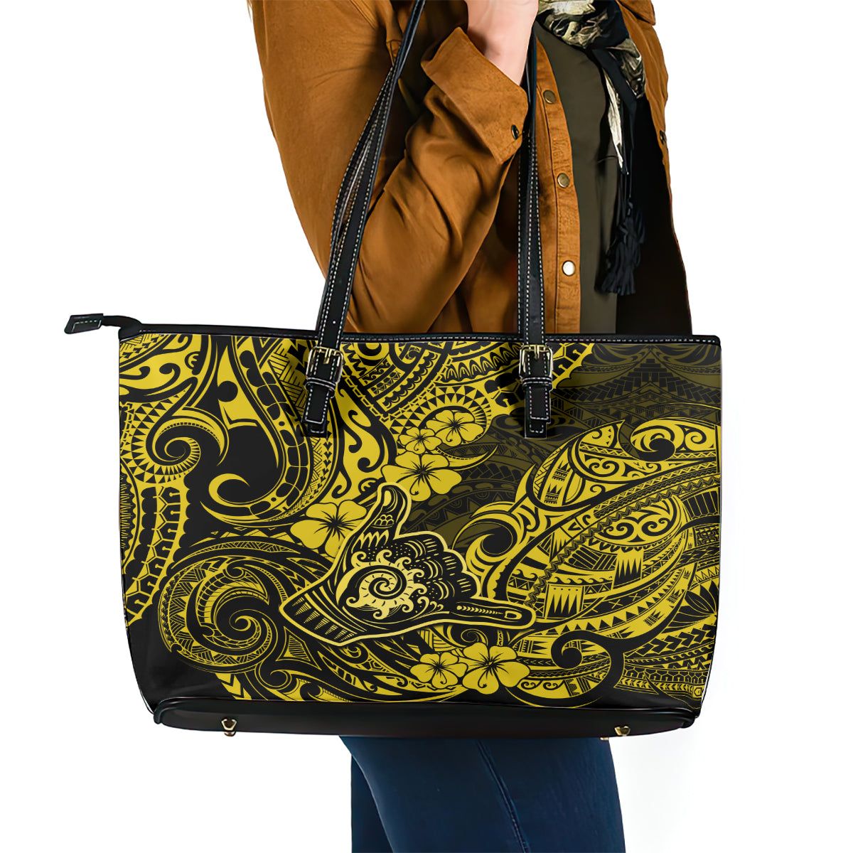 Hawaii Shaka Sign Leather Tote Bag Polynesian Pattern Yellow Version LT01