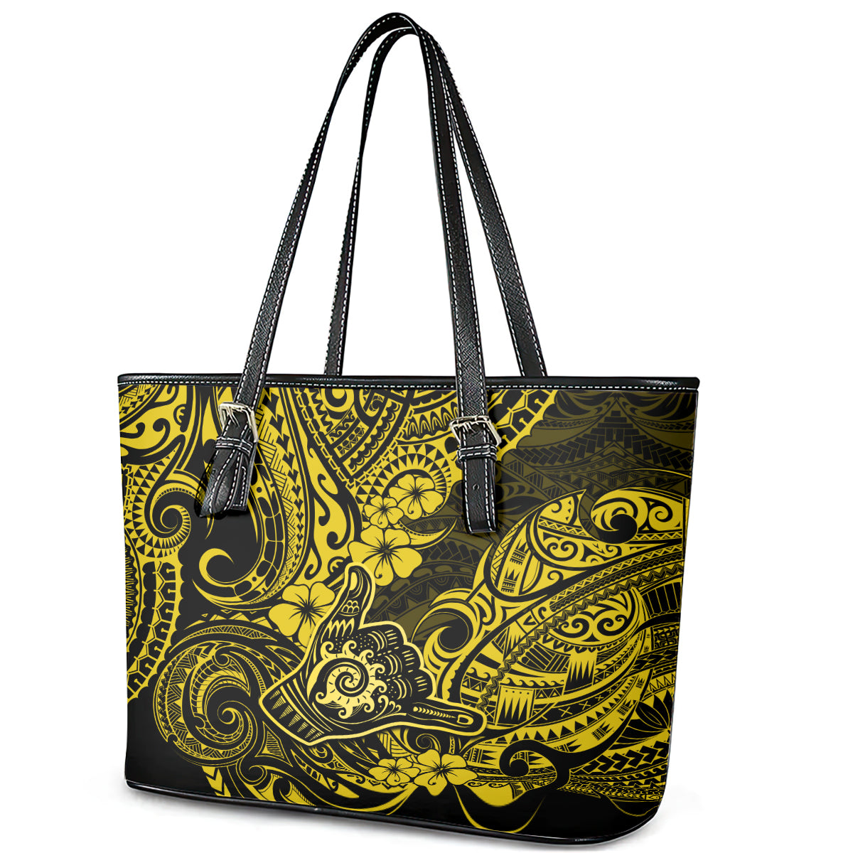 Hawaii Shaka Sign Leather Tote Bag Polynesian Pattern Yellow Version LT01