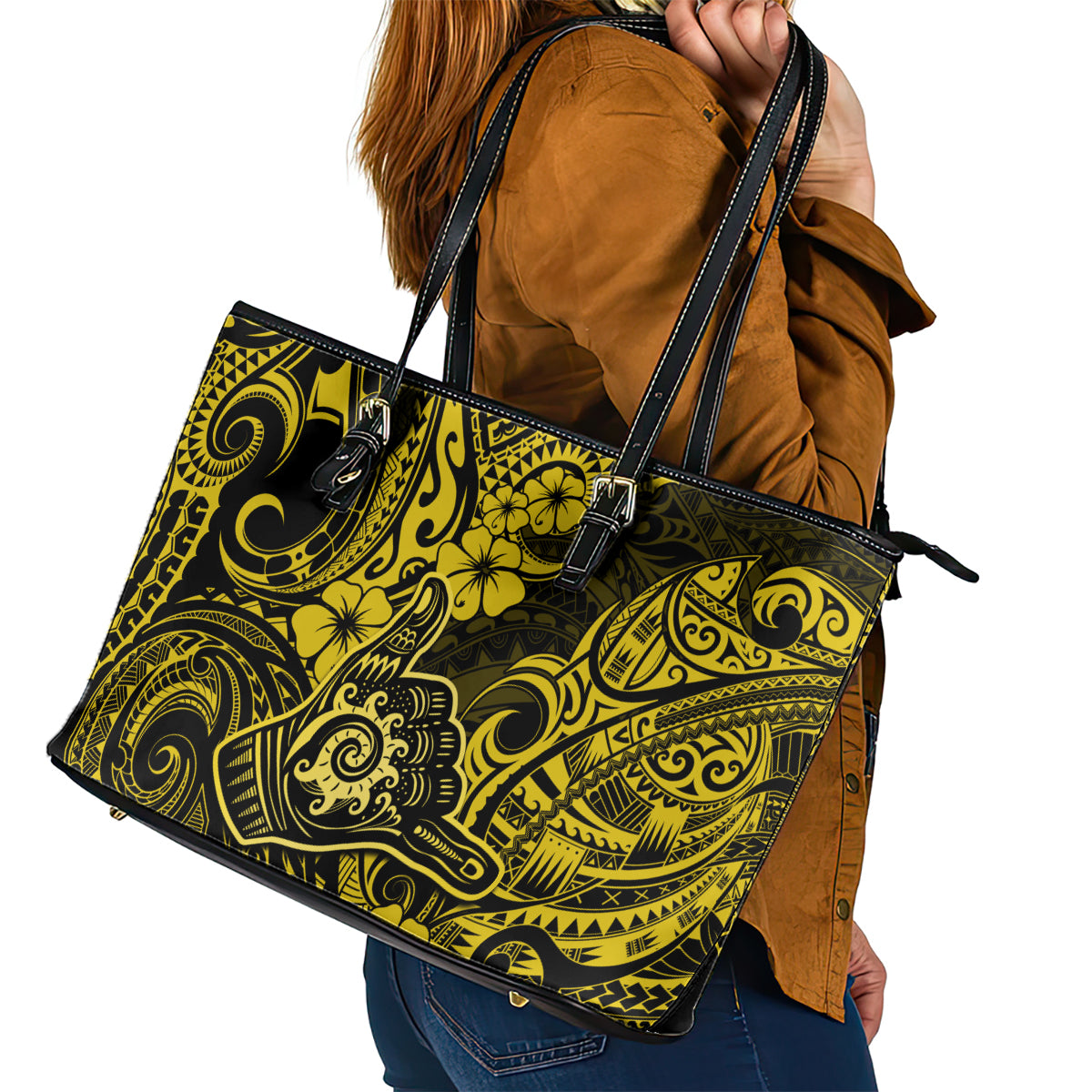 Hawaii Shaka Sign Leather Tote Bag Polynesian Pattern Yellow Version LT01