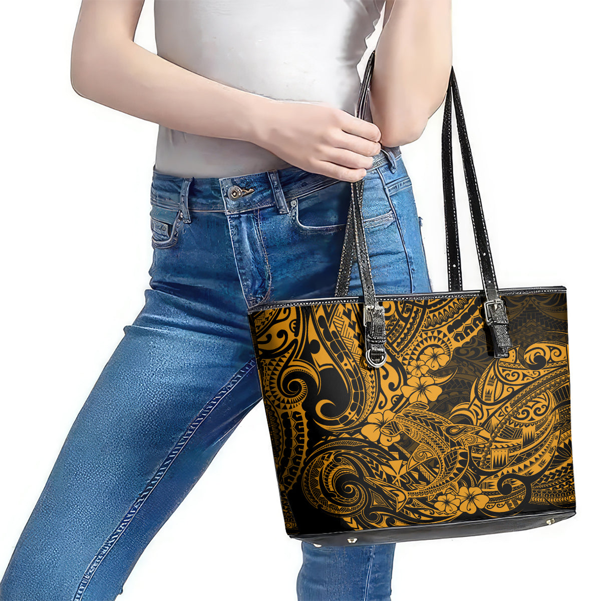 Hawaii Shark Leather Tote Bag Polynesian Pattern Gold Version LT01