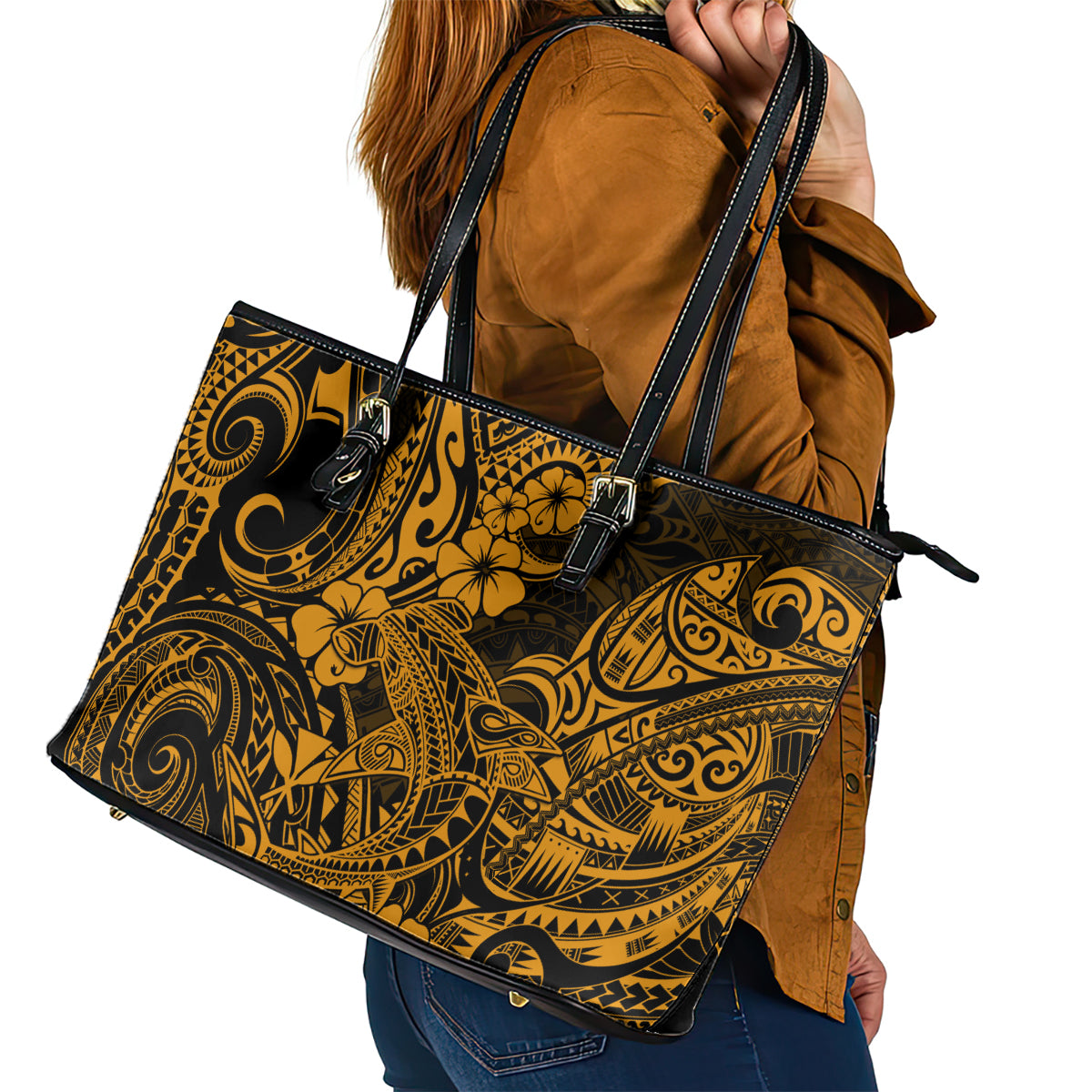 Hawaii Shark Leather Tote Bag Polynesian Pattern Gold Version LT01