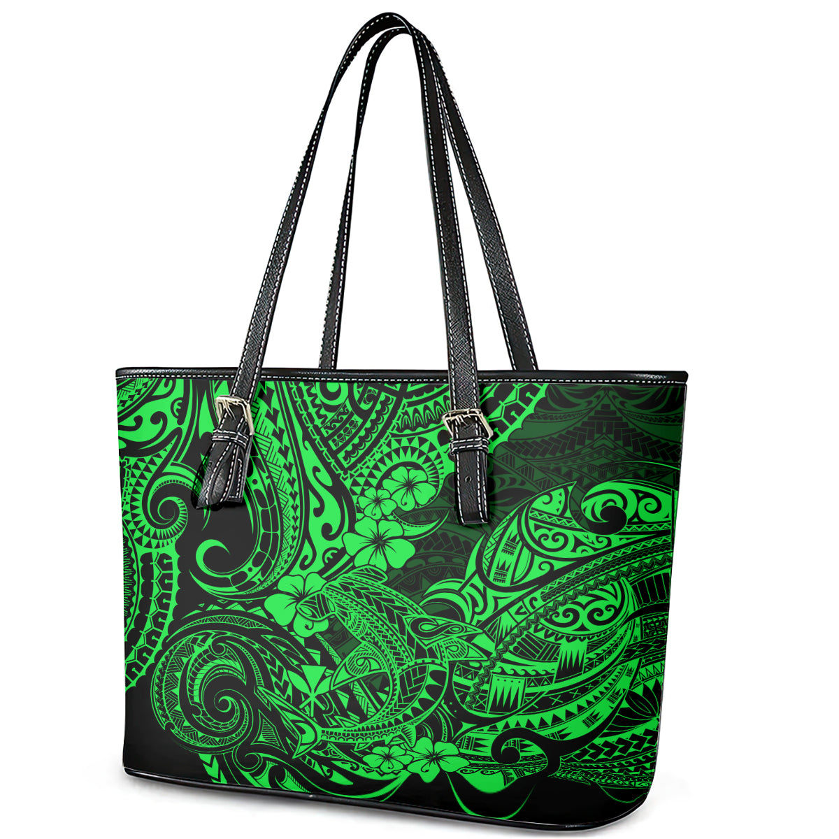 Hawaii Shark Leather Tote Bag Polynesian Pattern Green Version LT01