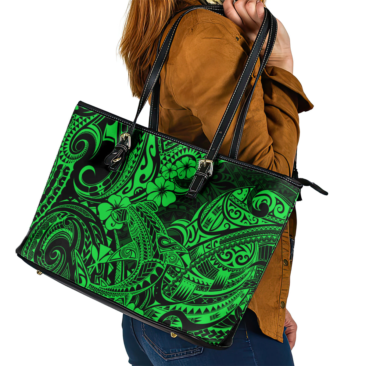 Hawaii Shark Leather Tote Bag Polynesian Pattern Green Version LT01