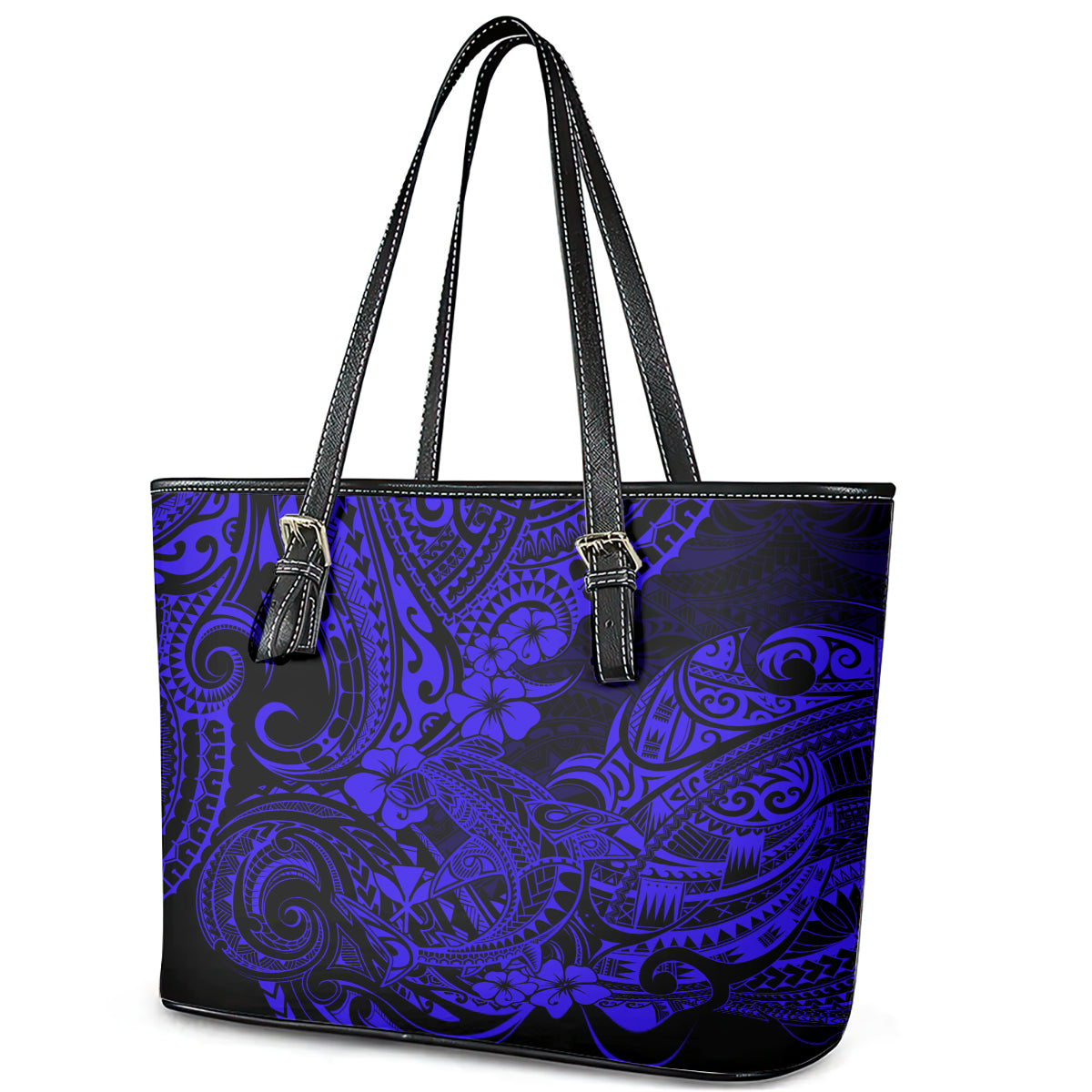 Hawaii Shark Leather Tote Bag Polynesian Pattern Navy Blue Version LT01