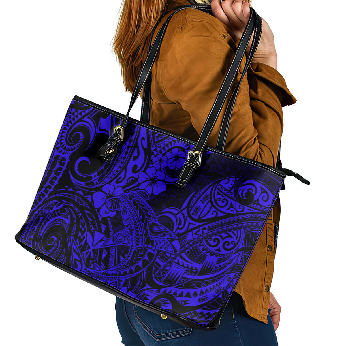 Hawaii Shark Leather Tote Bag Polynesian Pattern Navy Blue Version LT01