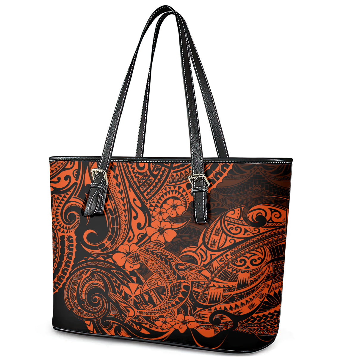 Hawaii Shark Leather Tote Bag Polynesian Pattern Orange Version LT01