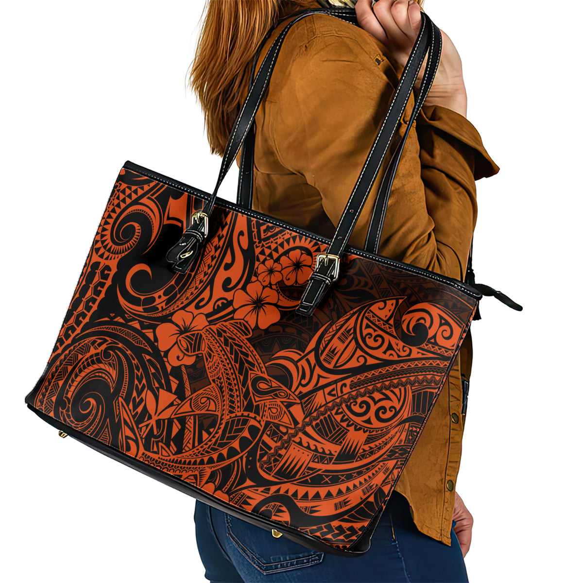 Hawaii Shark Leather Tote Bag Polynesian Pattern Orange Version LT01