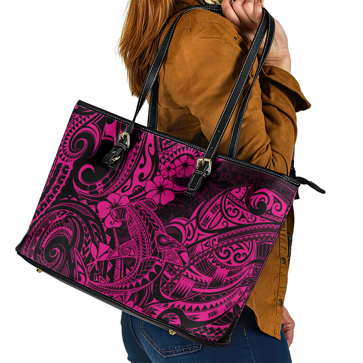 Hawaii Shark Leather Tote Bag Polynesian Pattern Pink Version LT01