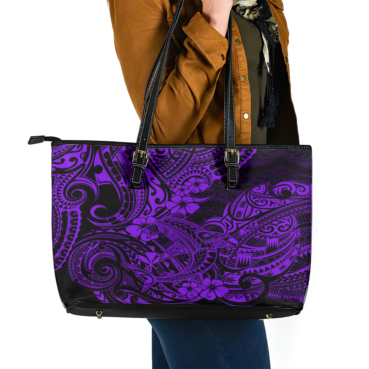 Hawaii Shark Leather Tote Bag Polynesian Pattern Purple Version LT01