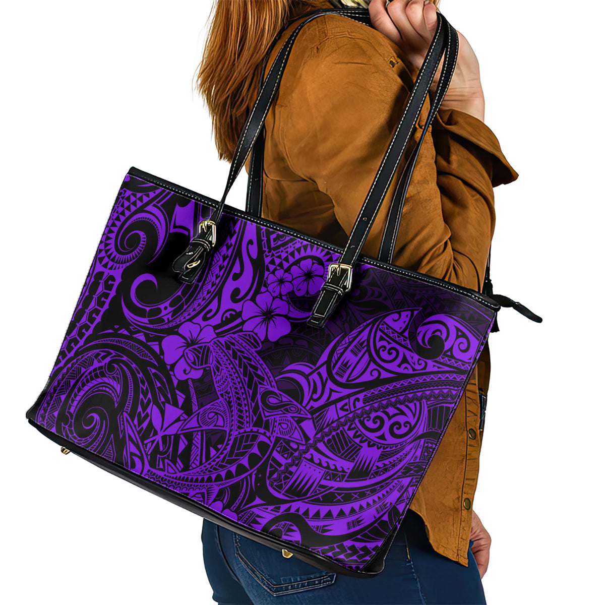 Hawaii Shark Leather Tote Bag Polynesian Pattern Purple Version LT01