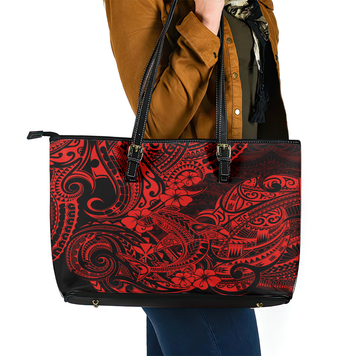 Hawaii Shark Leather Tote Bag Polynesian Pattern Red Version LT01