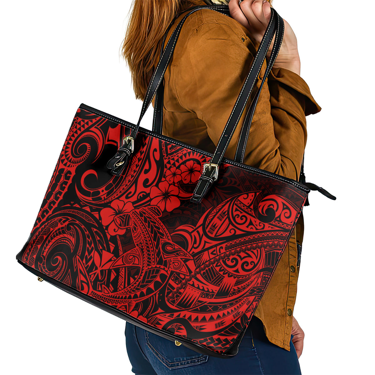 Hawaii Shark Leather Tote Bag Polynesian Pattern Red Version LT01