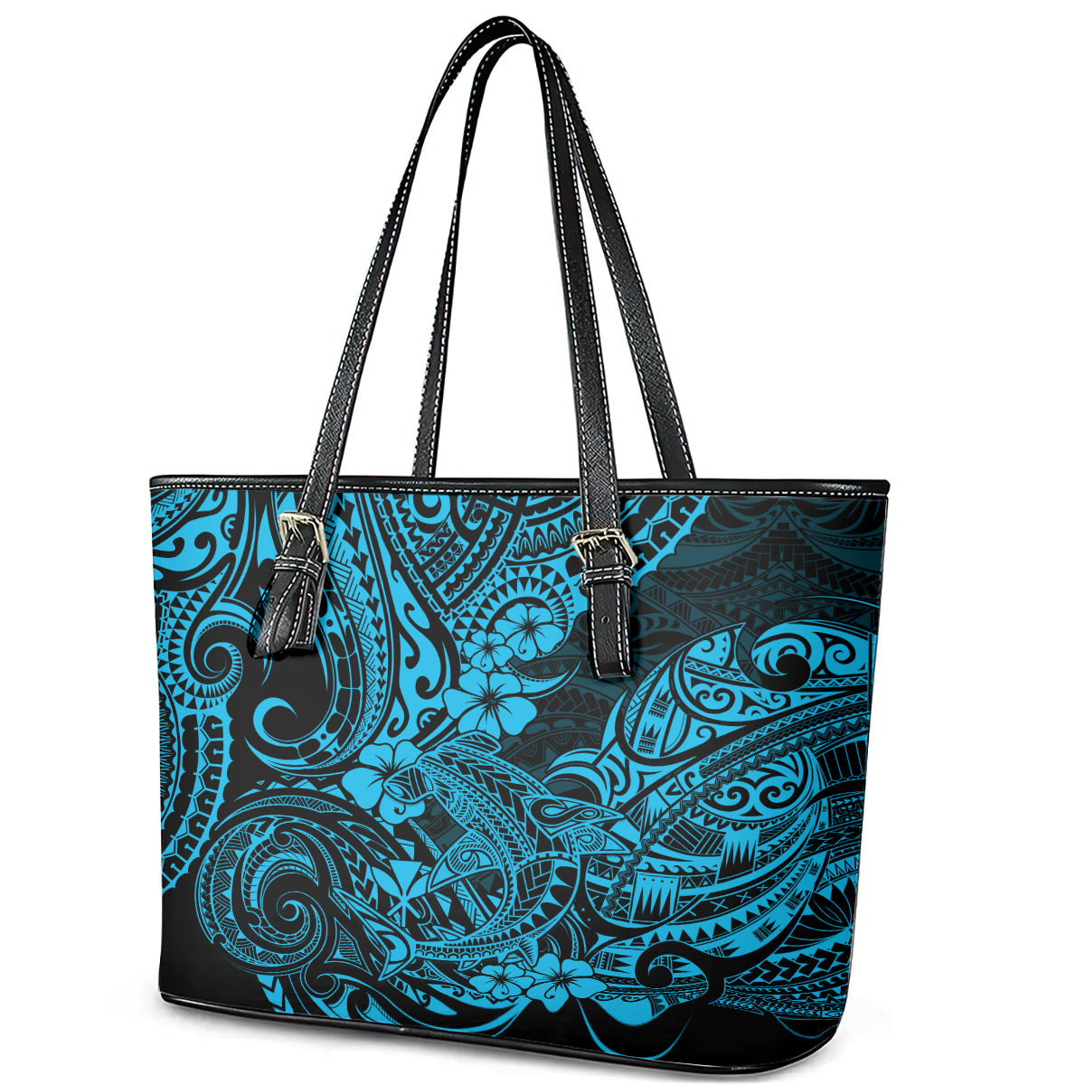 Hawaii Shark Leather Tote Bag Polynesian Pattern Sky Blue Version LT01