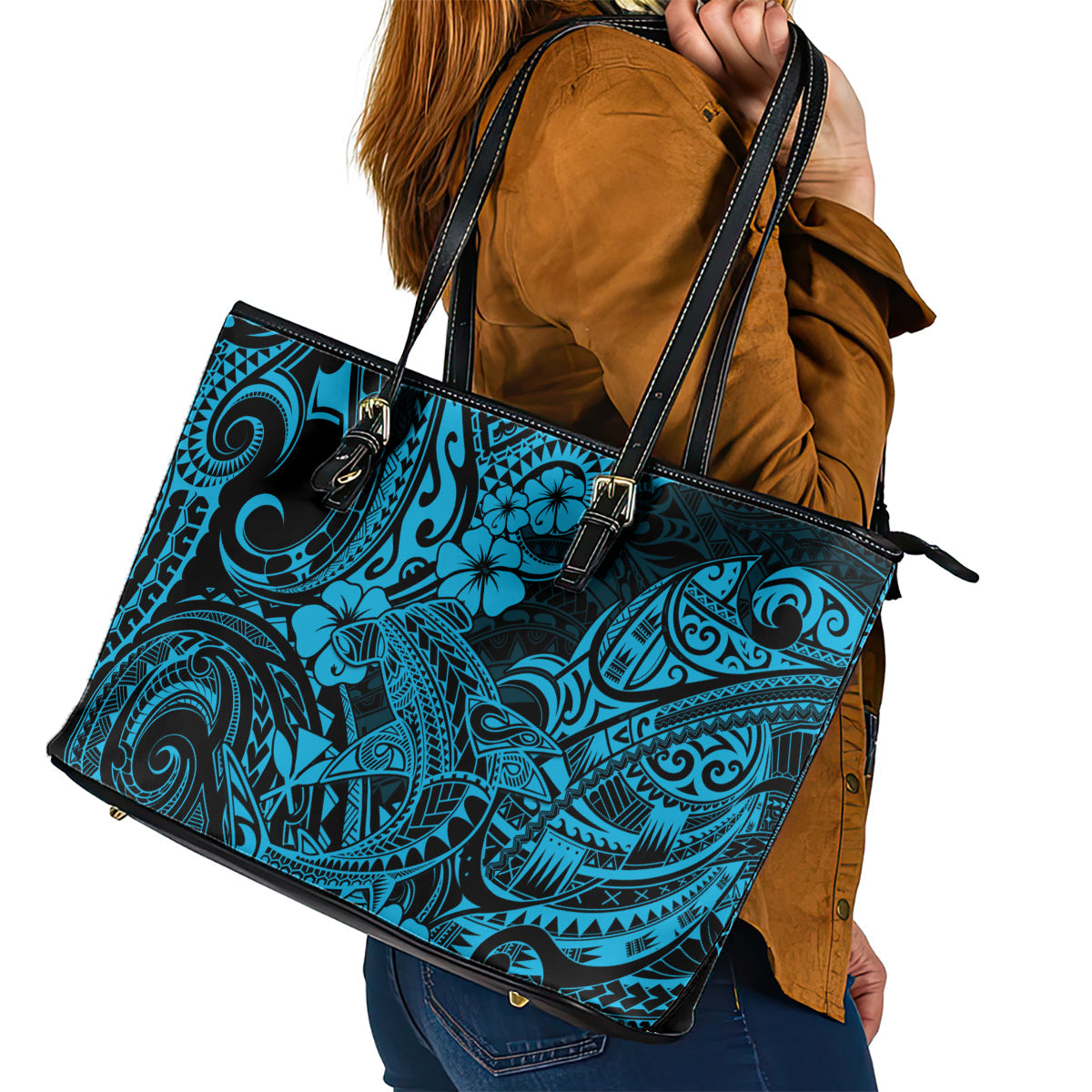 Hawaii Shark Leather Tote Bag Polynesian Pattern Sky Blue Version LT01