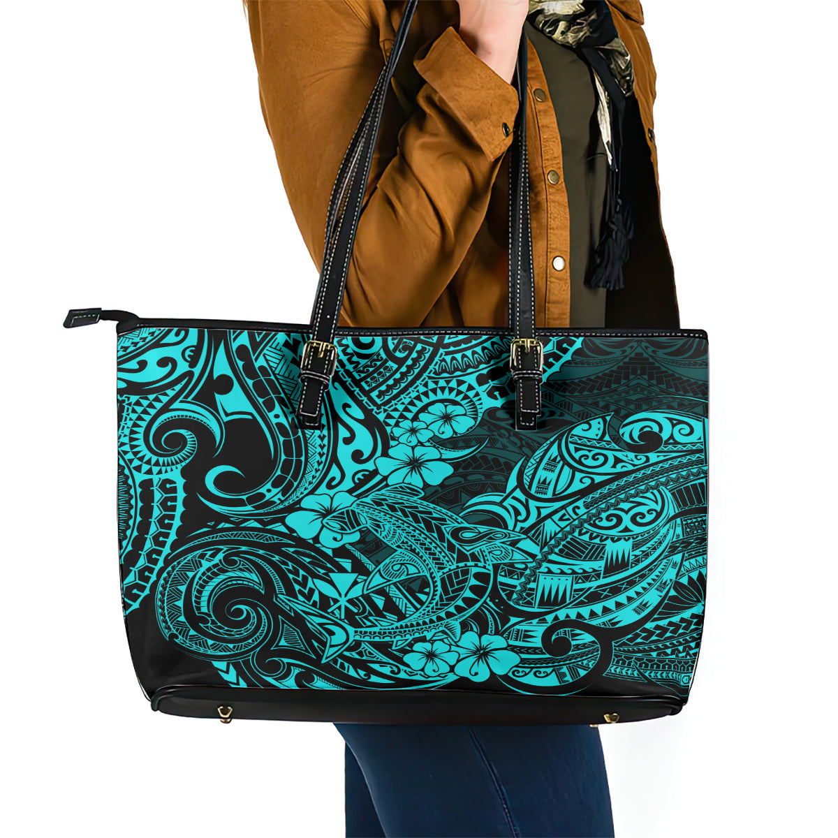 Hawaii Shark Leather Tote Bag Polynesian Pattern Turquoise Version LT01