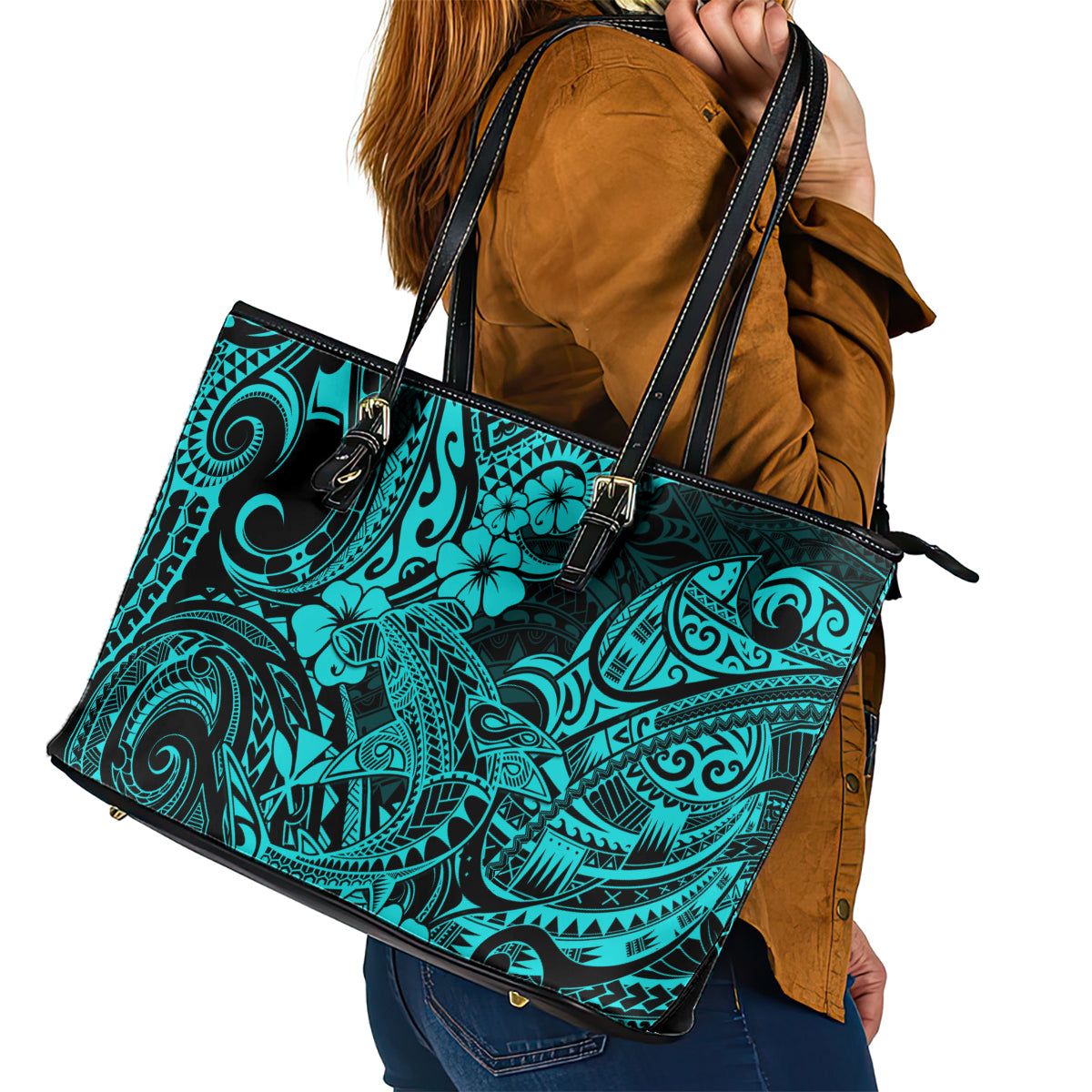 Hawaii Shark Leather Tote Bag Polynesian Pattern Turquoise Version LT01