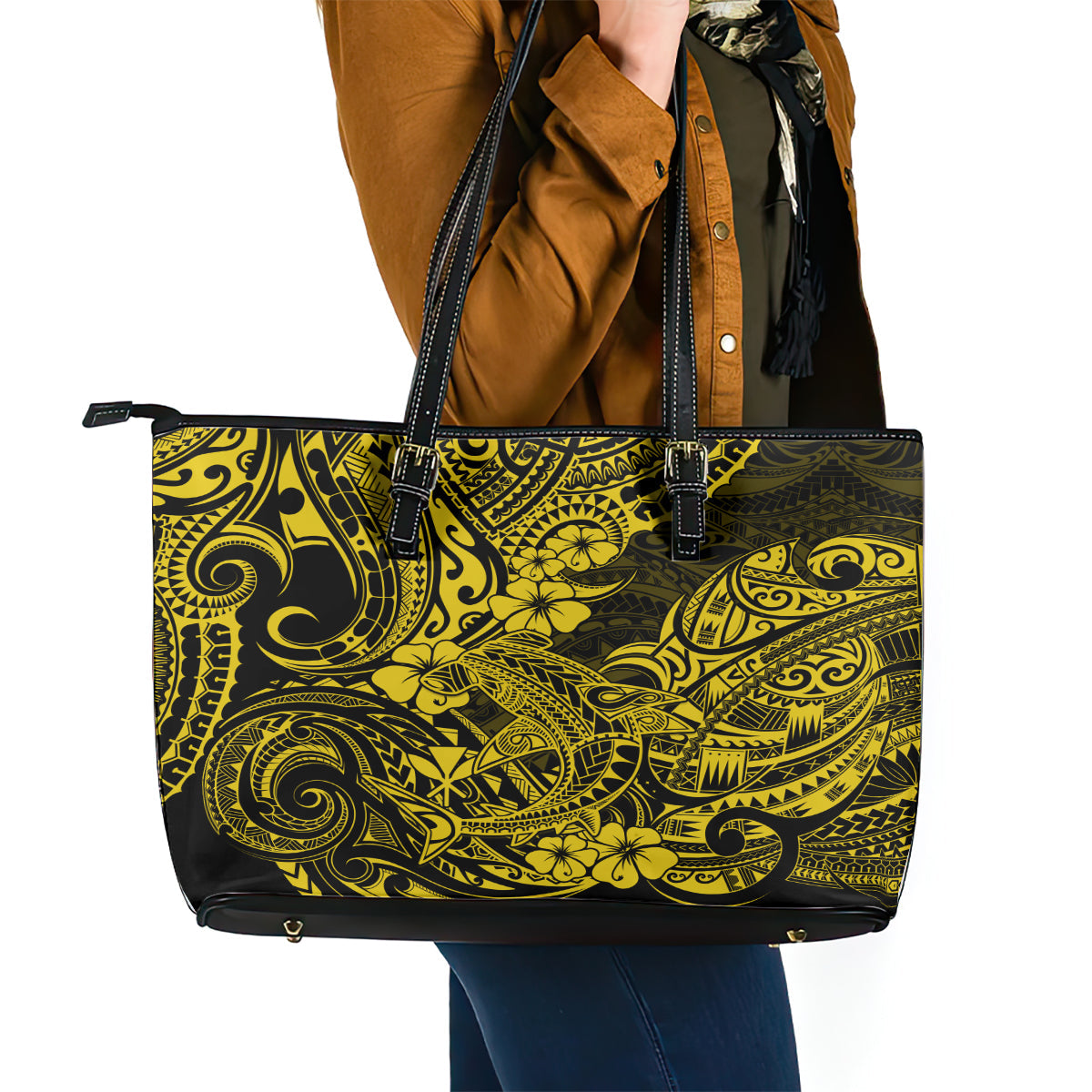 Hawaii Shark Leather Tote Bag Polynesian Pattern Yellow Version LT01