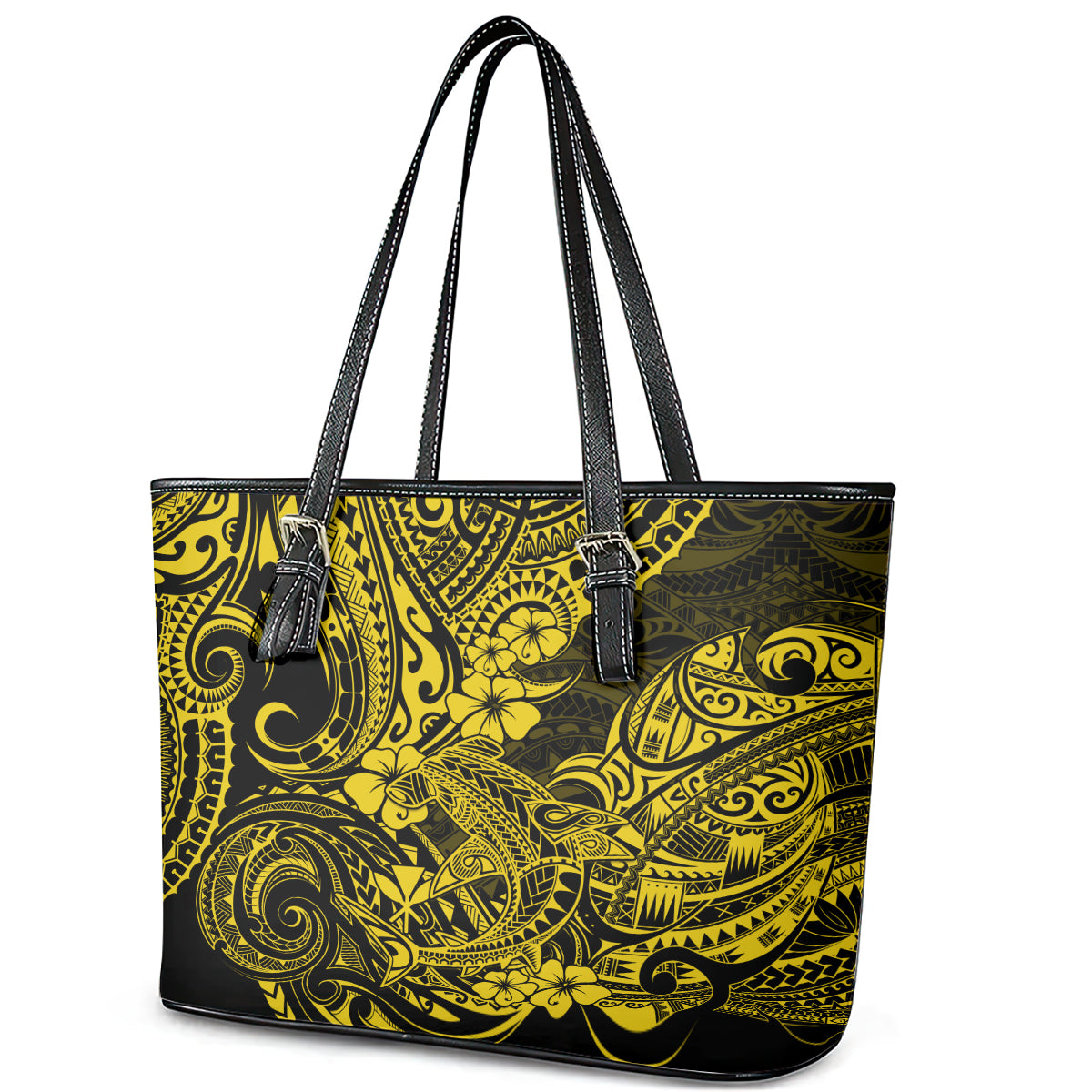 Hawaii Shark Leather Tote Bag Polynesian Pattern Yellow Version LT01