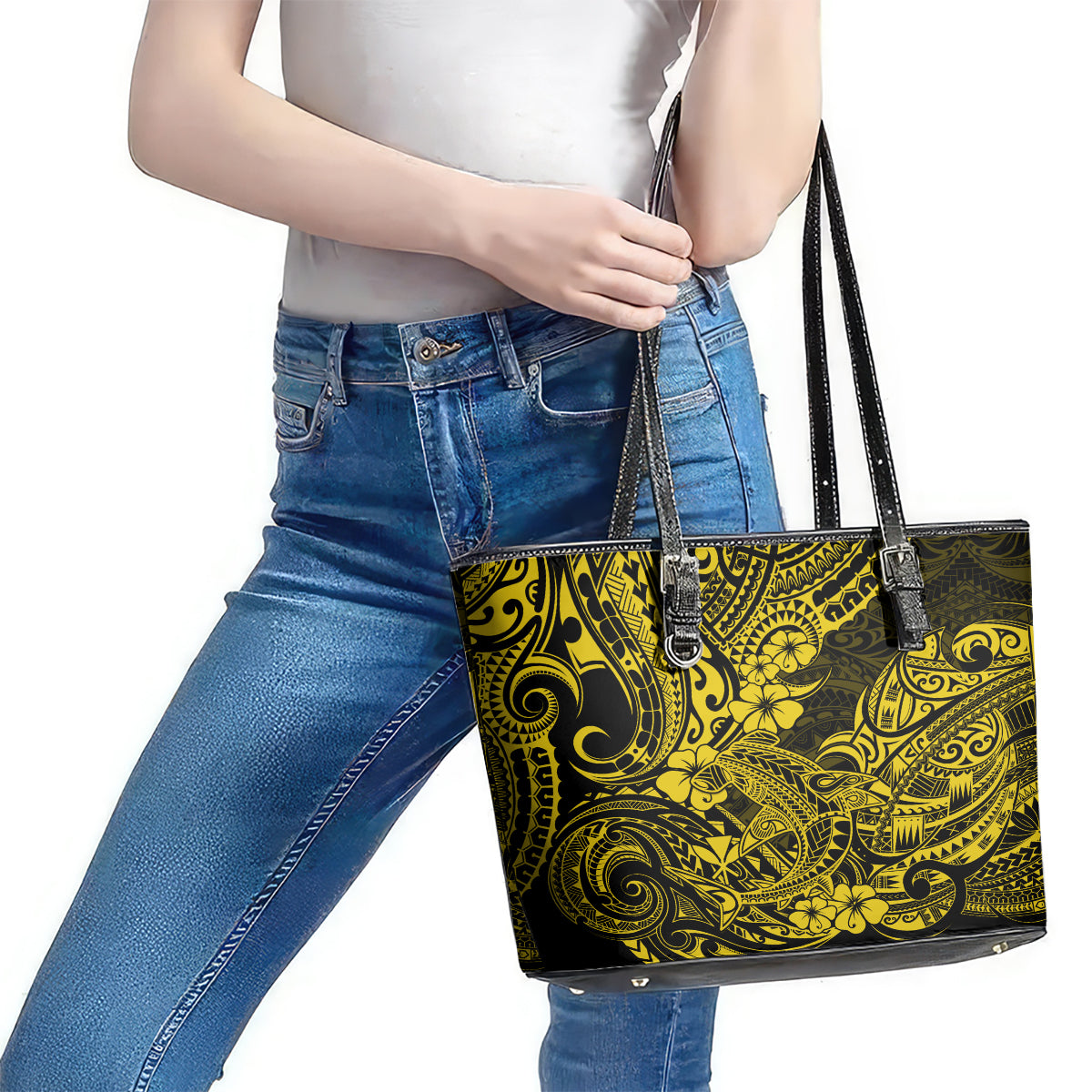 Hawaii Shark Leather Tote Bag Polynesian Pattern Yellow Version LT01