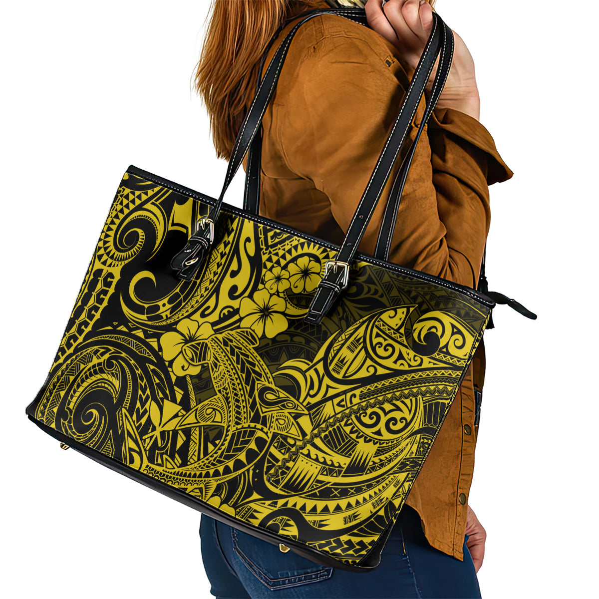 Hawaii Shark Leather Tote Bag Polynesian Pattern Yellow Version LT01