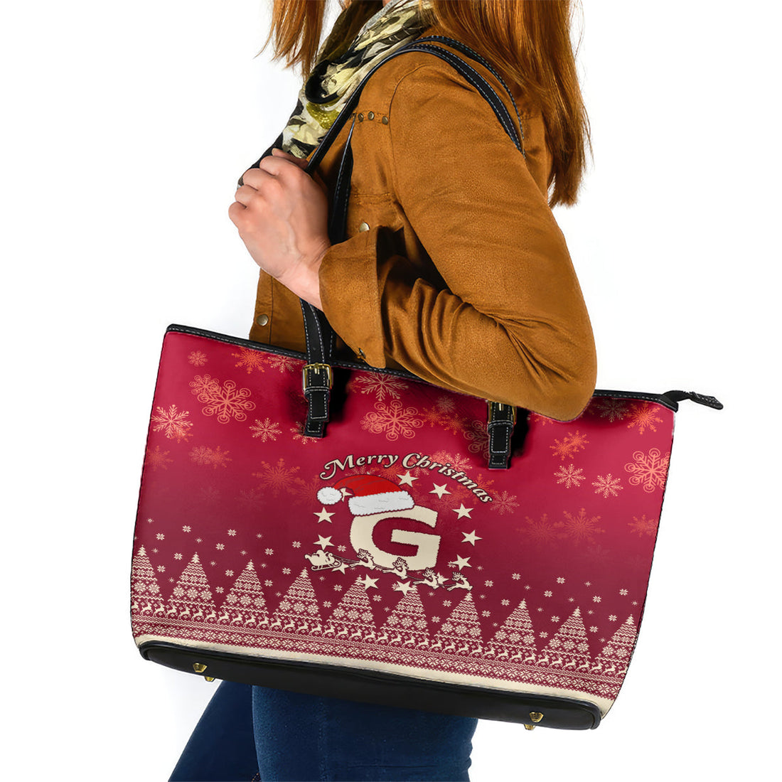 Georgia Christmas Leather Tote Bag Santa Riding Reindeer Xmas Pattern LT01
