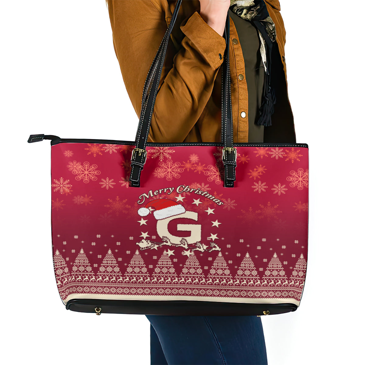 Georgia Christmas Leather Tote Bag Santa Riding Reindeer Xmas Pattern LT01