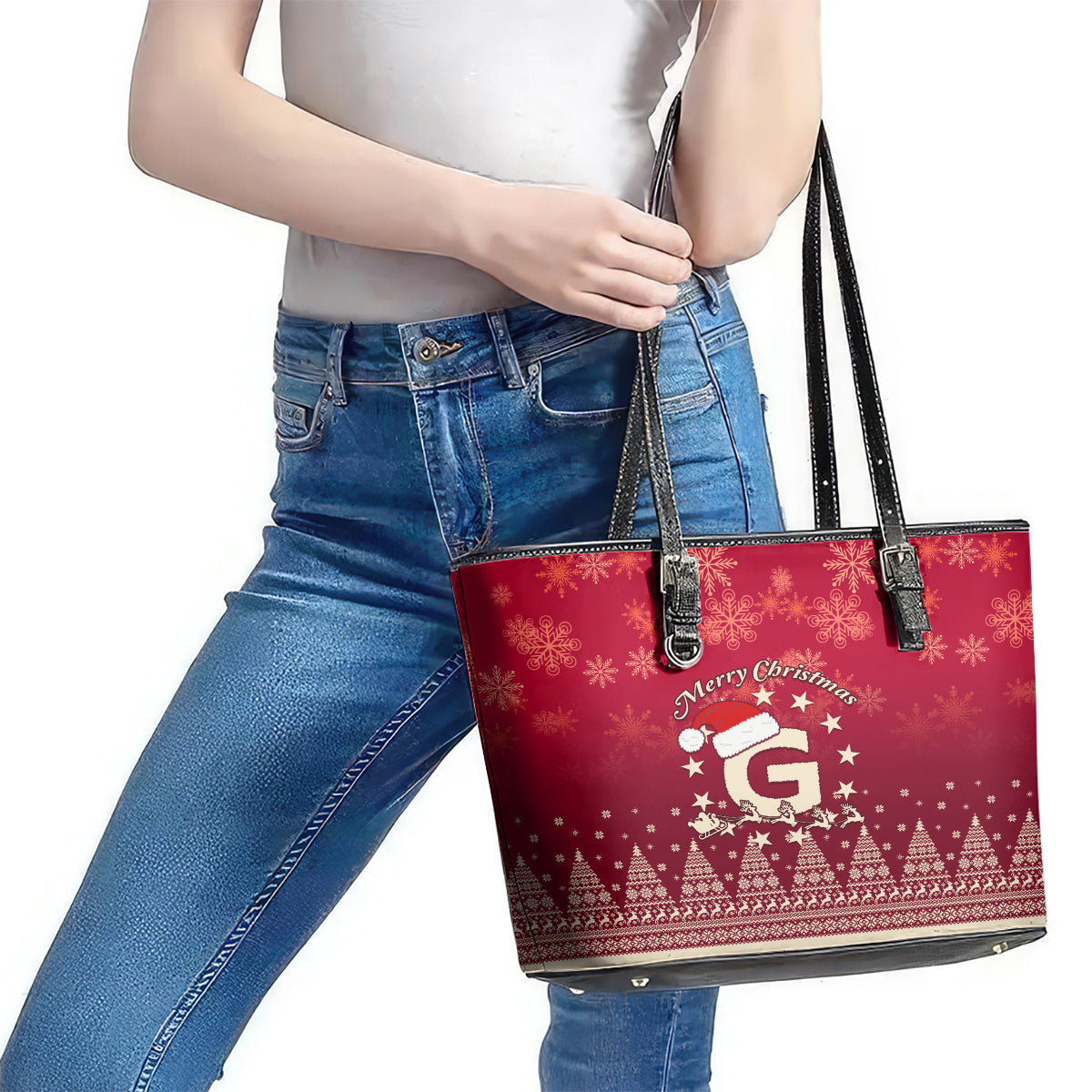 Georgia Christmas Leather Tote Bag Santa Riding Reindeer Xmas Pattern LT01