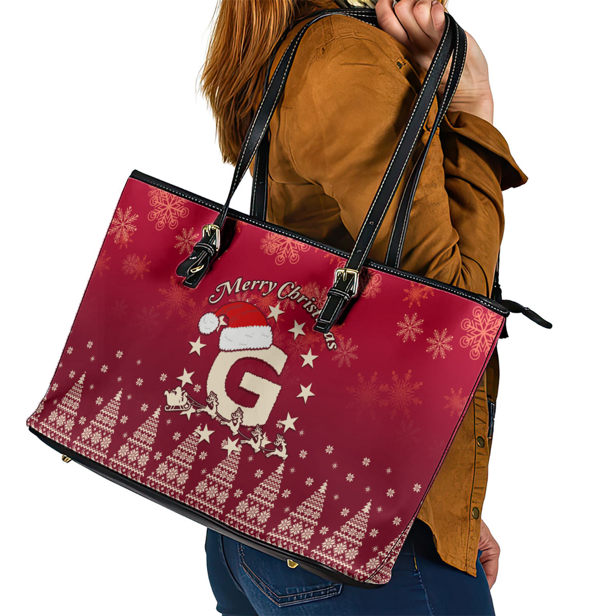 Georgia Christmas Leather Tote Bag Santa Riding Reindeer Xmas Pattern LT01