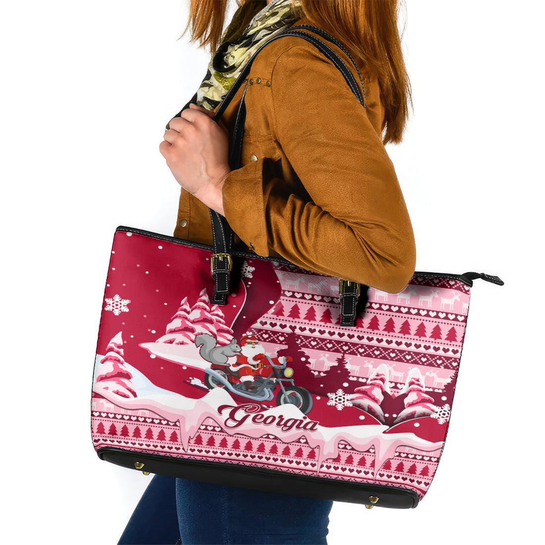 Georgia Christmas Leather Tote Bag Santa Claus Riding Motorcycle With Gray Squirrel LT01