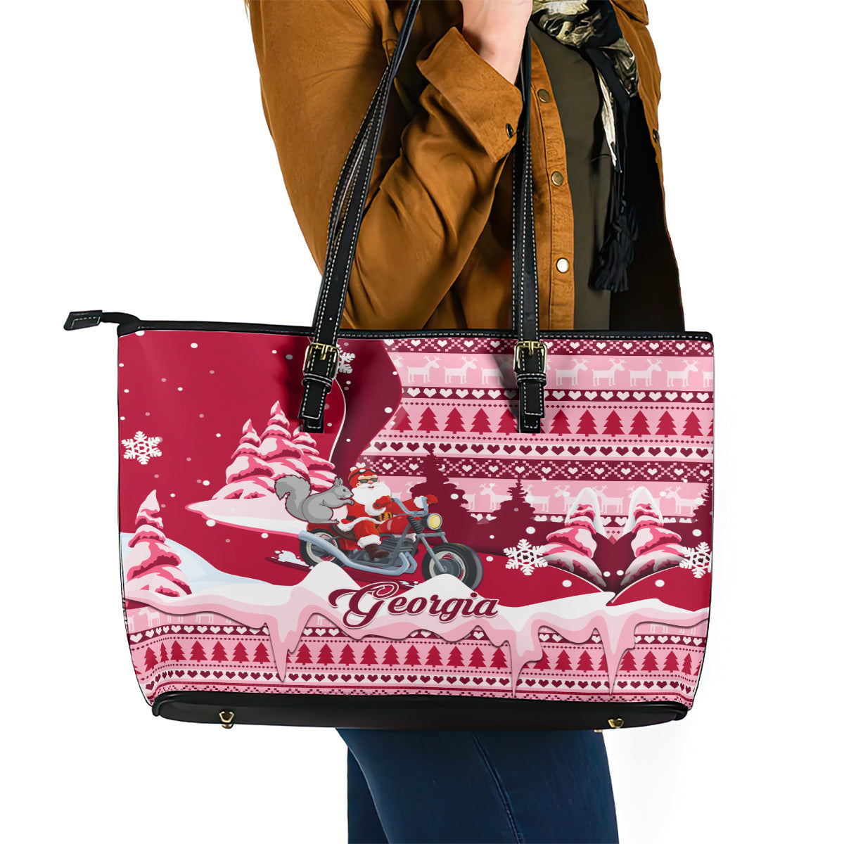 Georgia Christmas Leather Tote Bag Santa Claus Riding Motorcycle With Gray Squirrel LT01