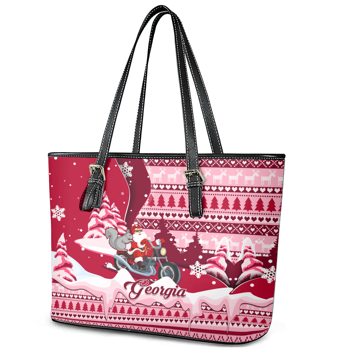 Georgia Christmas Leather Tote Bag Santa Claus Riding Motorcycle With Gray Squirrel LT01