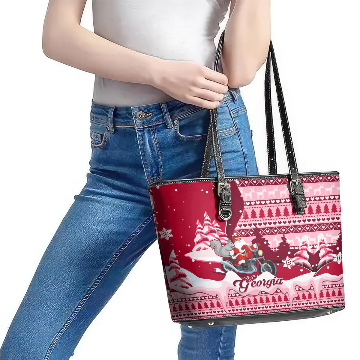Georgia Christmas Leather Tote Bag Santa Claus Riding Motorcycle With Gray Squirrel LT01
