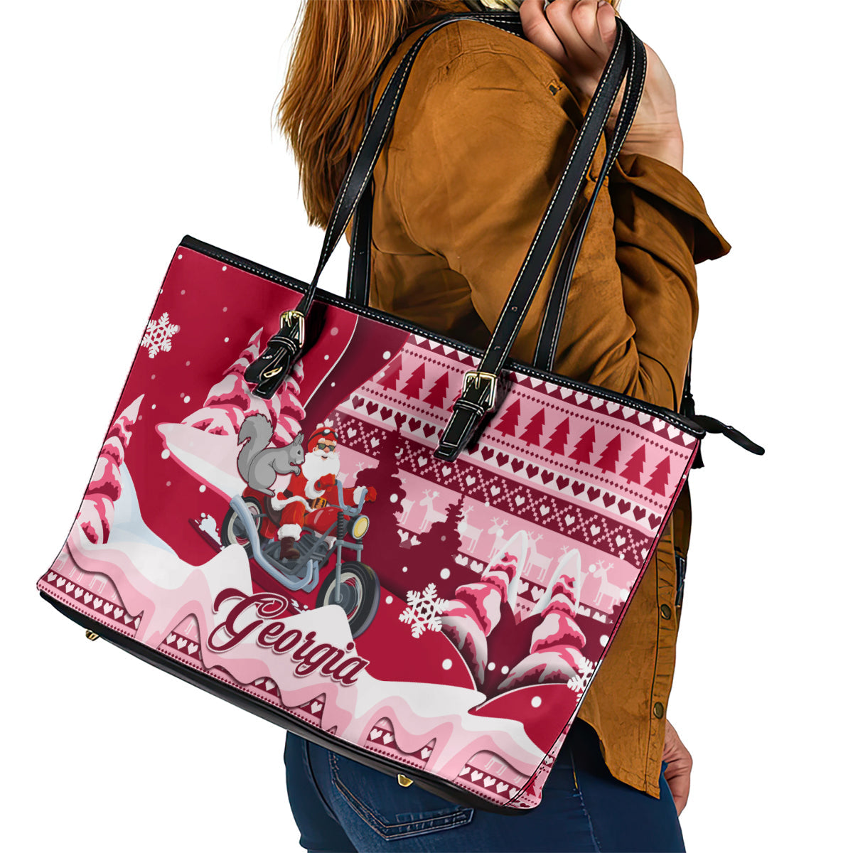 Georgia Christmas Leather Tote Bag Santa Claus Riding Motorcycle With Gray Squirrel LT01