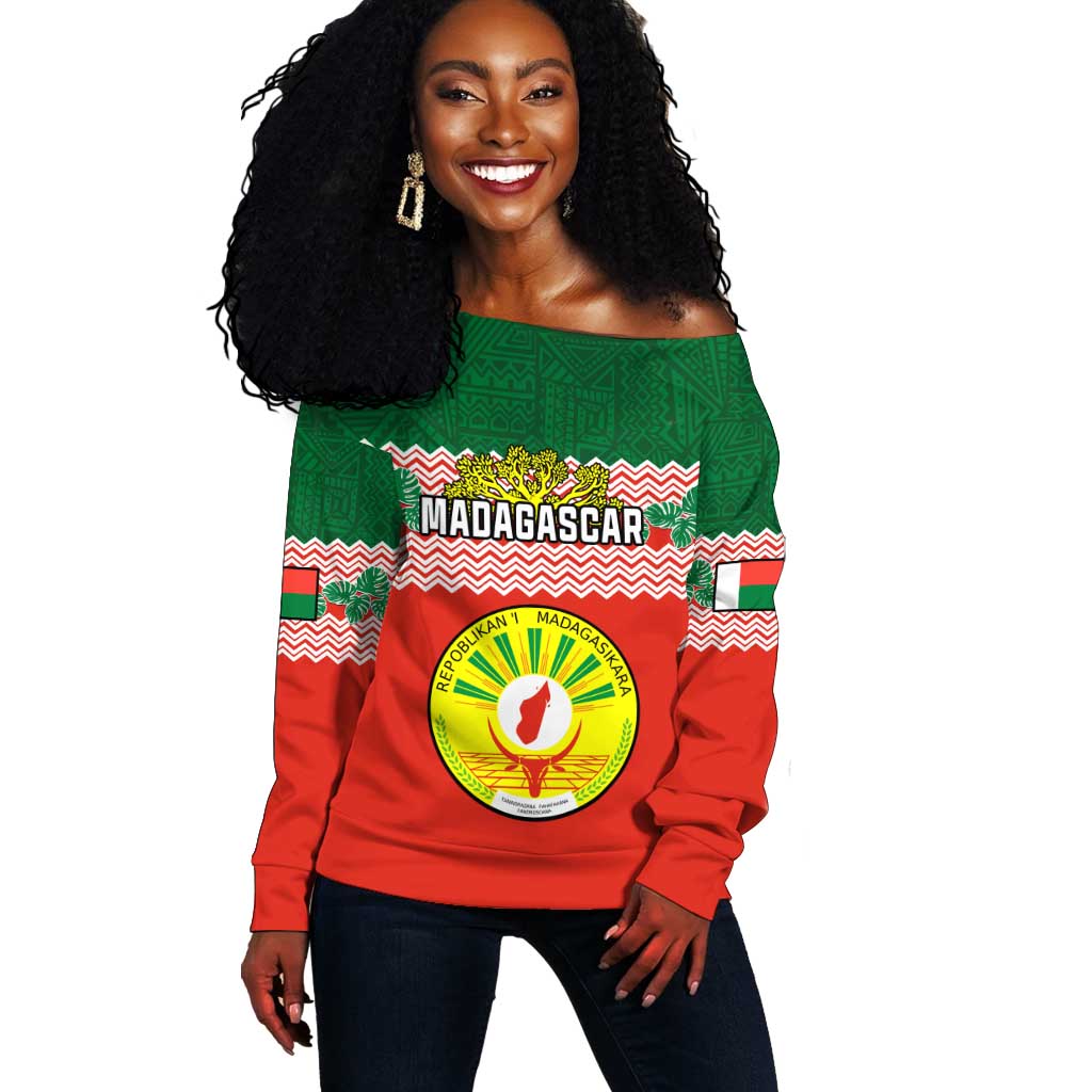 Personalized Madagascar Off Shoulder Sweater with Madagasikara Seal and Baobab African Pattern LT01