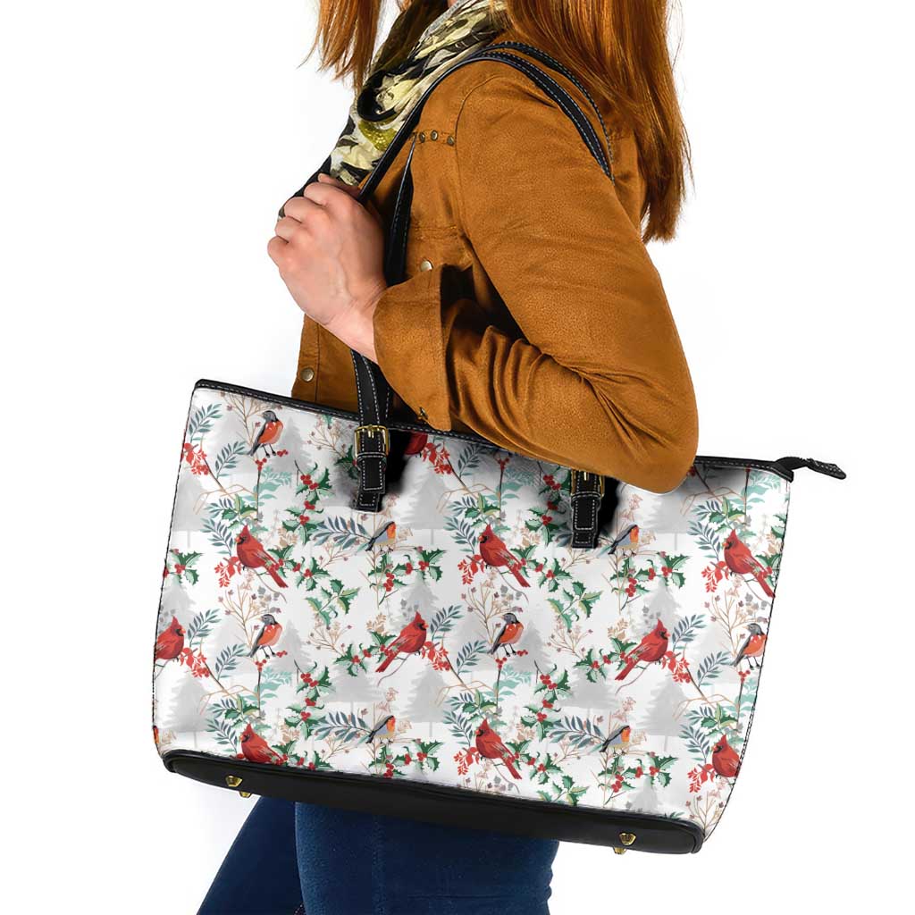 Cardinal Christmas White Leather Tote Bag Xmas Pattern LT01