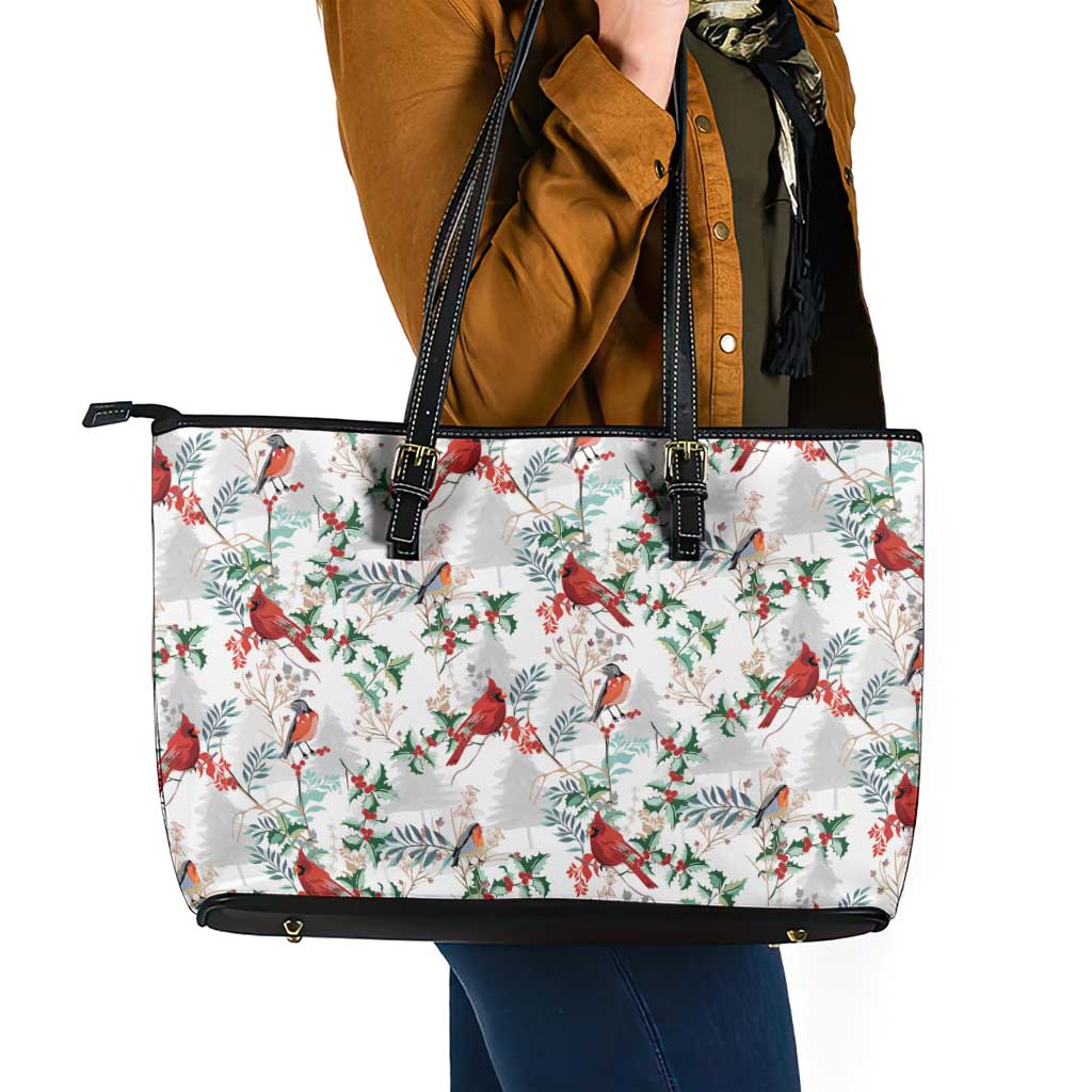 Cardinal Christmas White Leather Tote Bag Xmas Pattern LT01