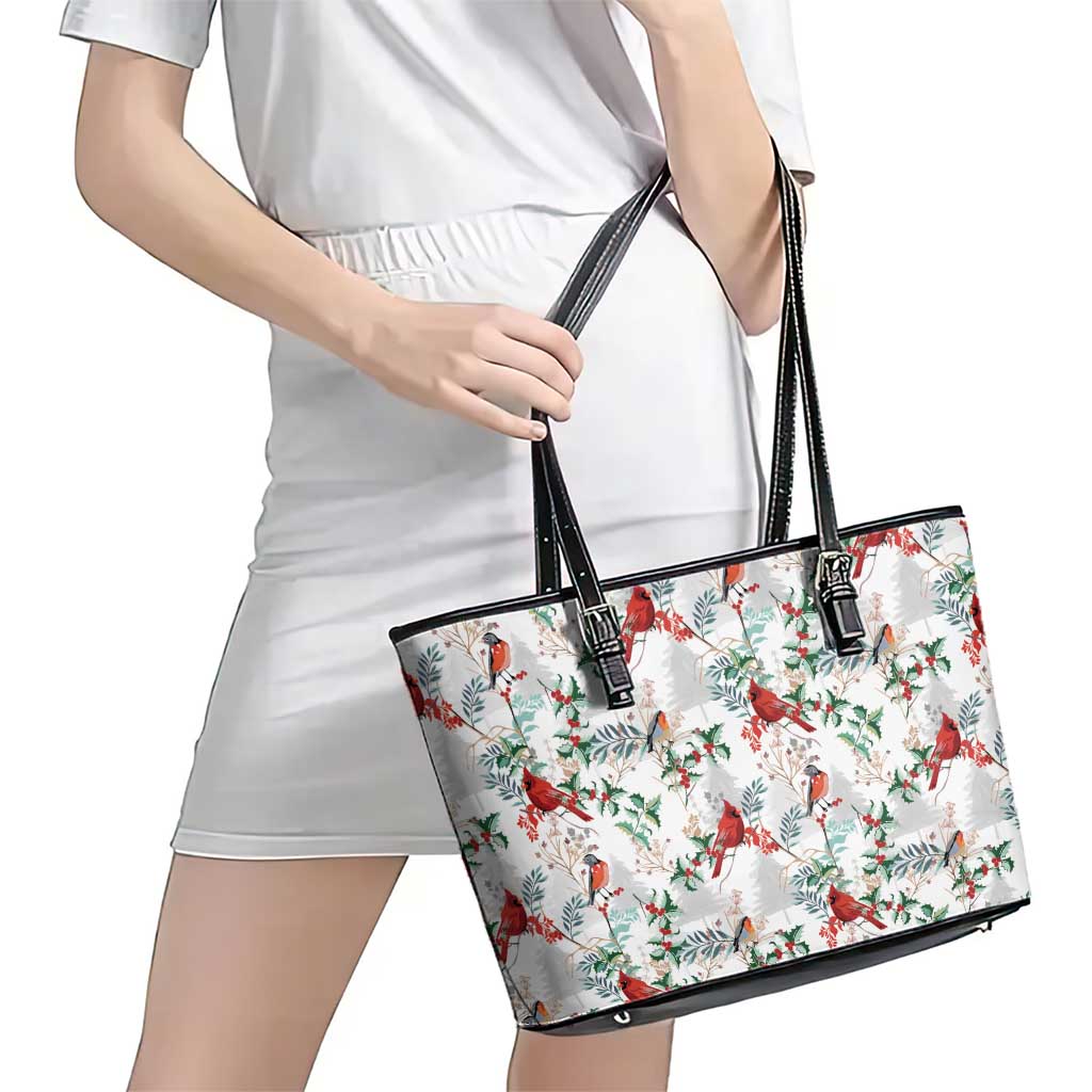 Cardinal Christmas White Leather Tote Bag Xmas Pattern LT01