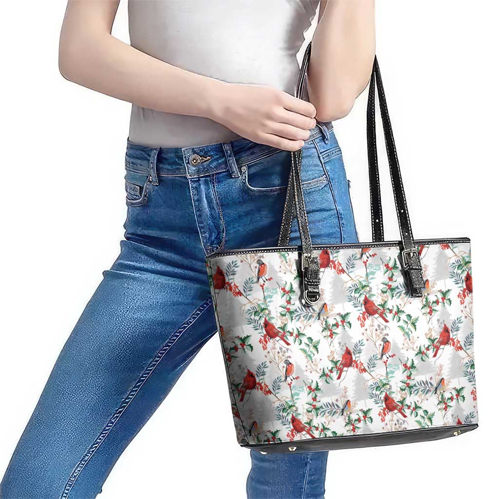 Cardinal Christmas White Leather Tote Bag Xmas Pattern LT01